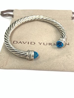 David Yurman 925 Silver 7mm Crossover Blue Topaz & Diamond Cuff Bracelet