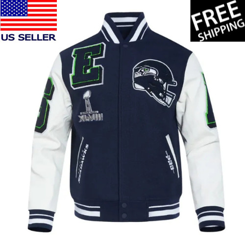 Seattle Seahawks Navy Blue Wool & Leather Sleeves Varsity Letterman Men's Jacket