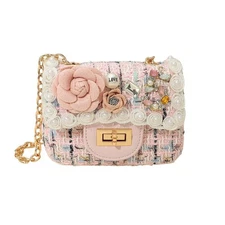 Tweed Mini Crossbody Bag Pearl Flower Embellished Chain Shoulder Purse Kids Girl