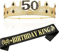 Gold Crown and Sash for 50TH Birthday King, Metal Birthday Party Decoration for