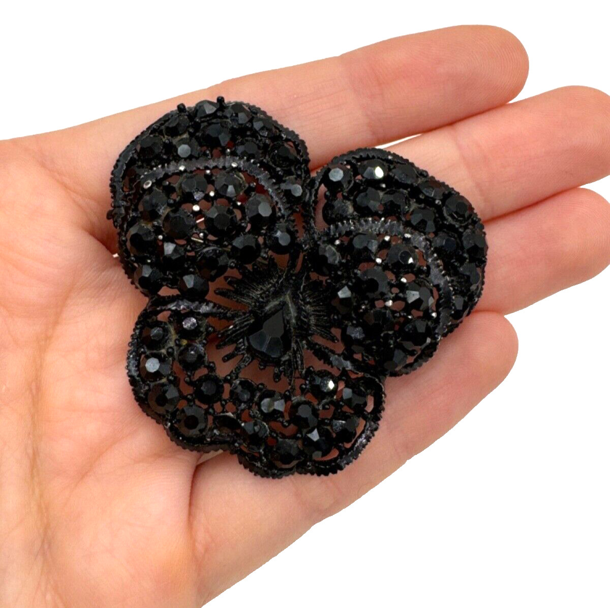 ALBERT WEISS SIGNED BLACK FRENCH JET CRYSTALS PANSY FLOWER VINTAGE LARGE BROOCH