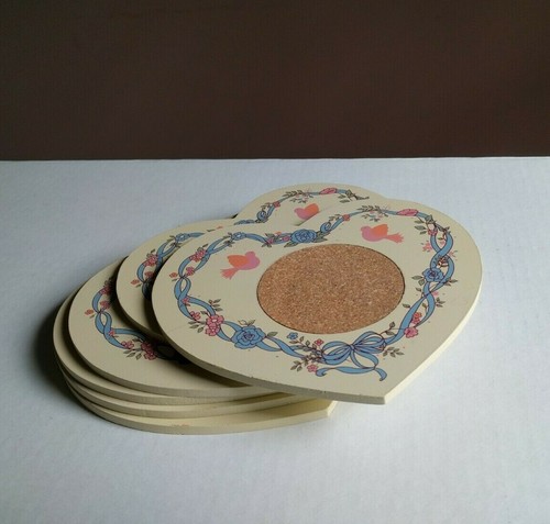 Set of 6 Vintage Hand Painted Coasters Heart Shaped Birds Cork 6 1/4" Kitschy - Picture 7 of 7