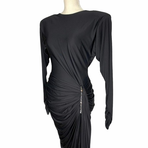 Vintage 80s Black Bodycon Ruched Long Sleeve Open Back Dress Small - Picture 2 of 12