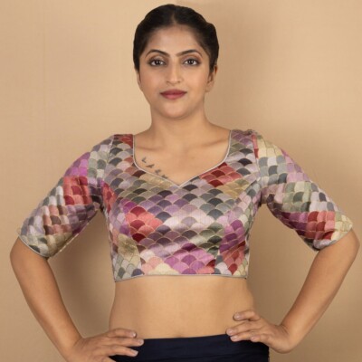 Sweetheart Neck Multi Silver Back Open Embroidery  Saree Blouse, Top, Saree Blou