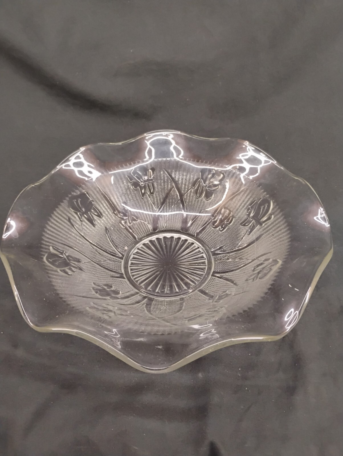Vintage Clear Depression Glass Frosted Flowers Serving Bowl