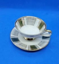 MITTERTEICH BAVARIA GERMANY GOLD GREEN DEMI FOOTED TEA CUP & SAUCER SET 034