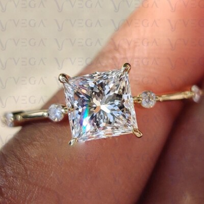 3.30ct Princess Shape Natural Mine Moissanite Wedding Ring Solid 14K Yellow Gold