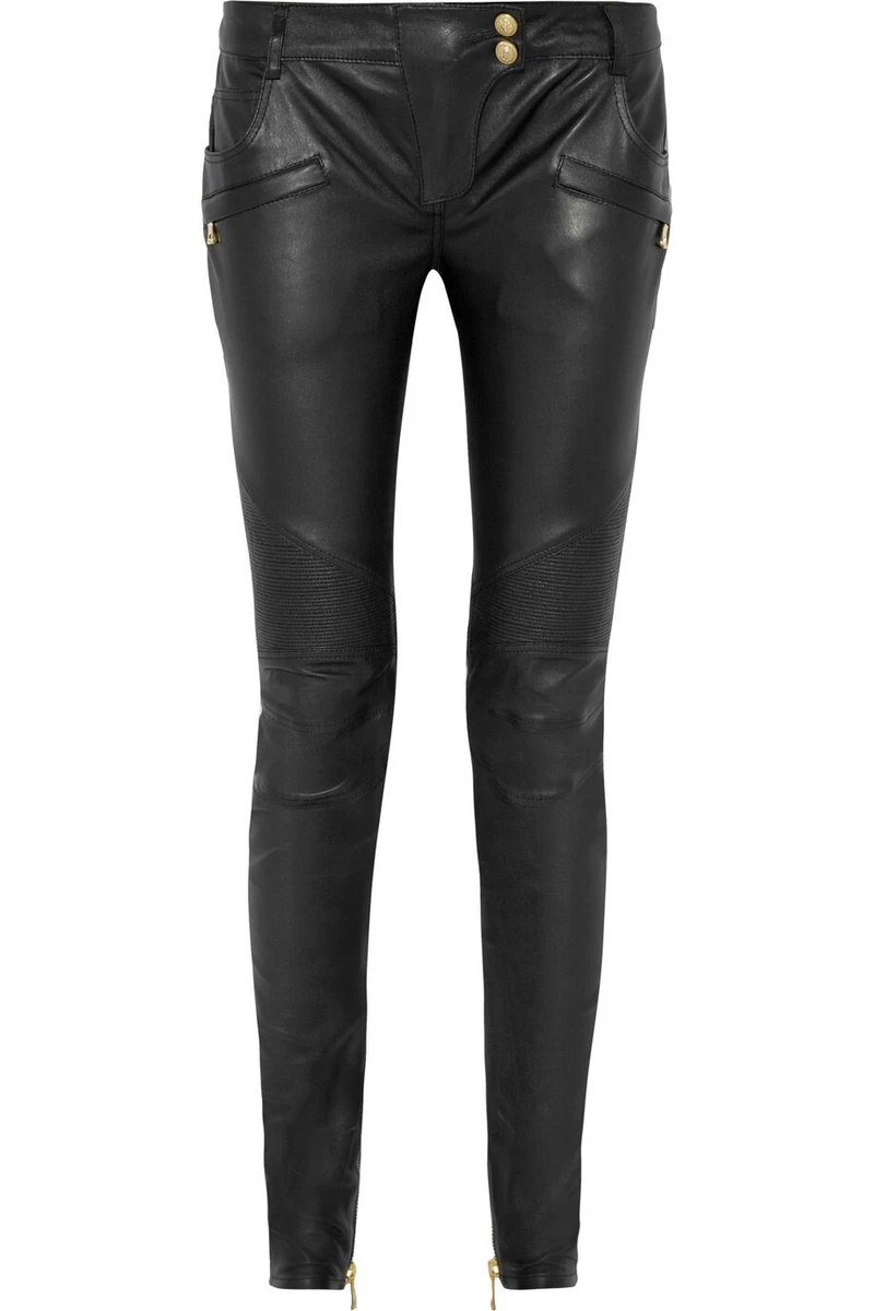 Balmain Zip-Detailed Low-Rise Black Biker Leather Skinny Pants 40