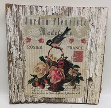 Primitive Style French Post Card Scene With Birds Flowers Reclaimed Wood