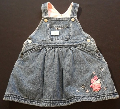 12M OSHKOSH BABY Pink Fleece lined DENIM OVERALLS DRESS 12 Months SNOW BUNNY SKI - Picture 1 of 11