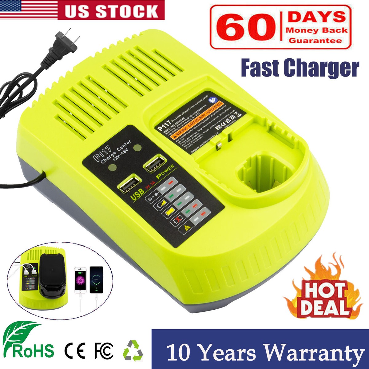 Charger For RYOBI P117 Battery High Capacity 18Volt Lithium-Ion