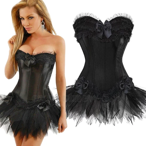 Ladies Lace Strapless Up Burlesque Corset Fancy Dress Costume Overbust Top&Tutu - Picture 16 of 31
