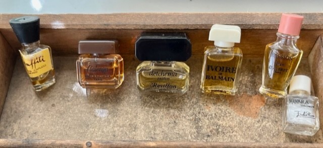 Vintage Mini Perfume Bottles lot with Wooden Printer Drawer Shadow