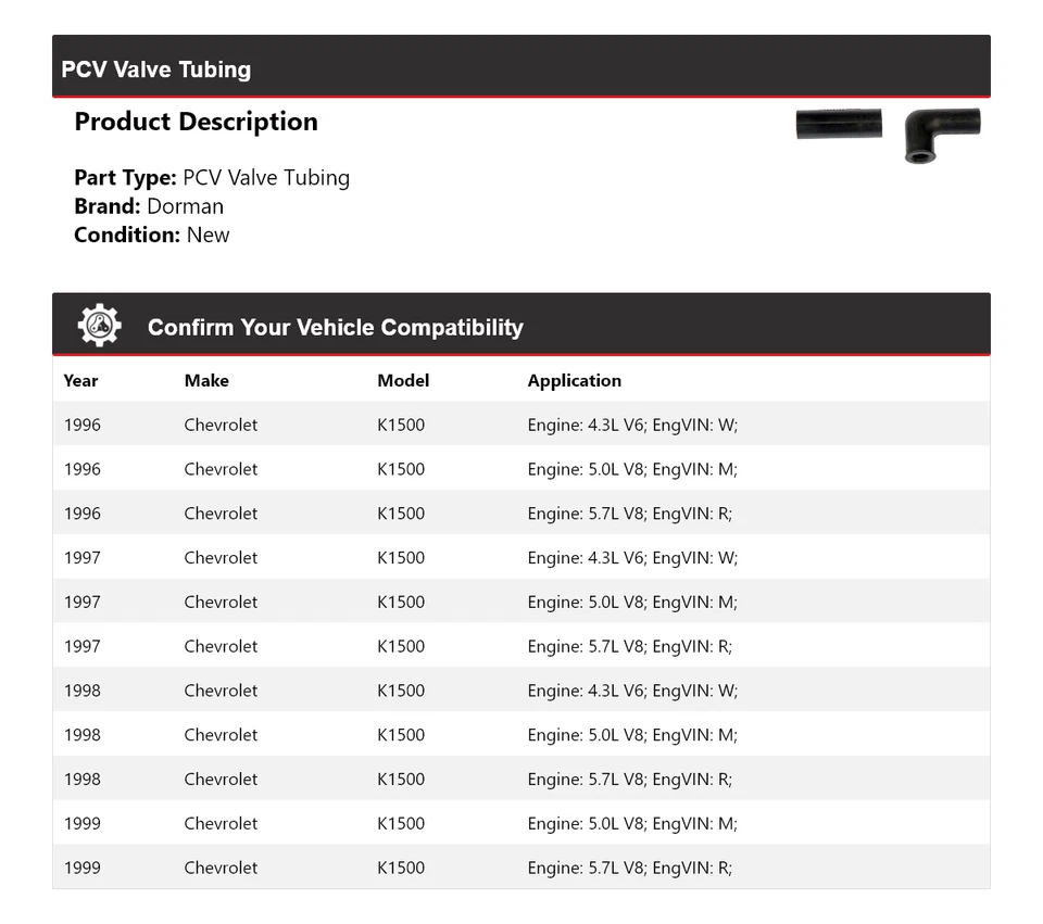 Tubo de válvula PCV para Chevrolet K1500 Dorman 1996-1999 1997 1998 Foto 2 de 4