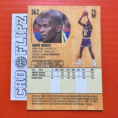 1991-92 Fleer Utah Jazz Basketball Card #362 David Benoit Rookie