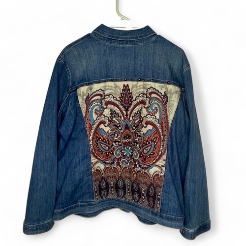 Chicos Denim Jacket Women's SZ XL Boho Paisley Back Panel Hippie Applique