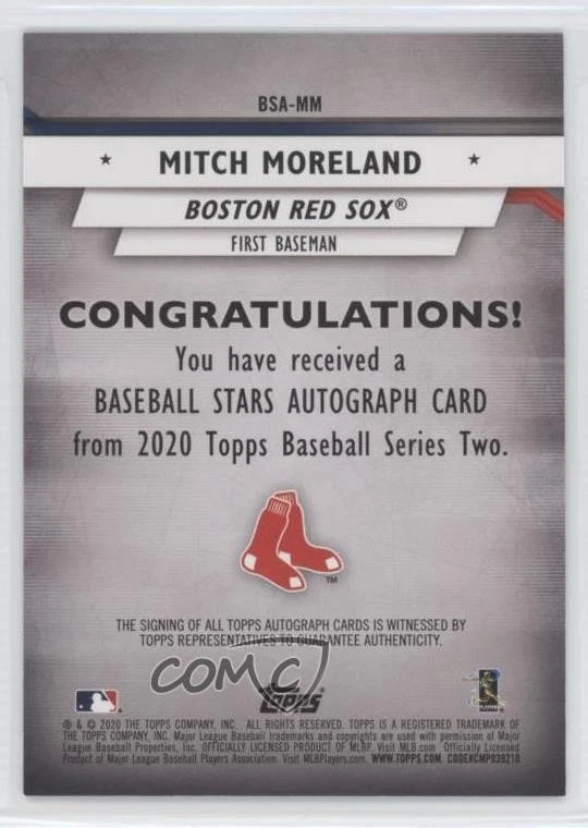 2020 Topps Baseball Stars Auto Series 2 Black /199 Mitch Moreland #BSA-MM Auto - Image 2 of 2