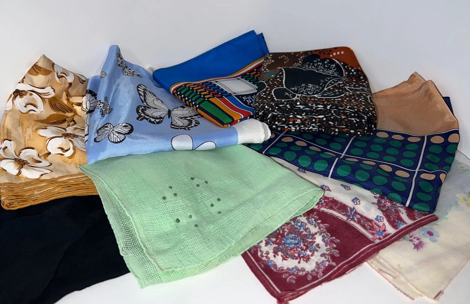Vintage Lot of 9 Colorful Womens Scarves. Retro Mid Century Geometric