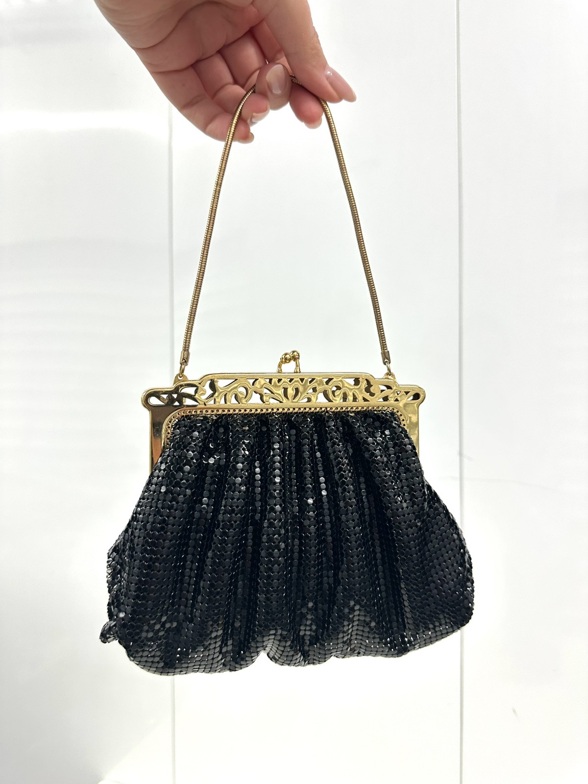 Vintage Black Mesh Evening Purse ' Gold Filigree Frame ' Art Deco Style