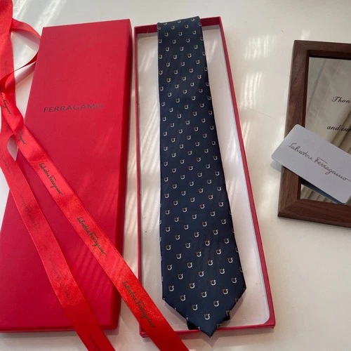 Ferragamo Navy Printed Silk Tie Classic Gancini Motif Dress Tie - product listing photo