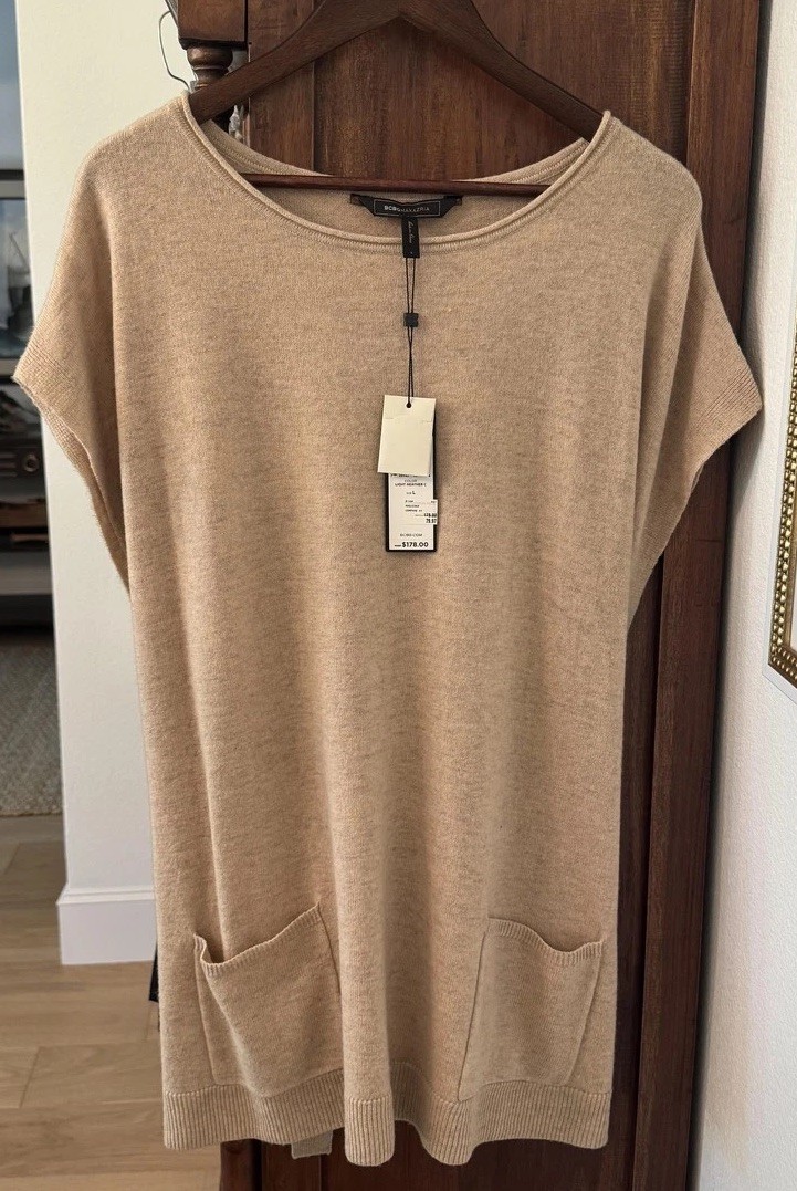 BCBG Maxazria Women’s Lambswool Tunic Sweater Large Heather Camel Belted Pockets