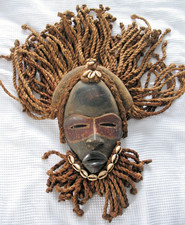 West African Ivory Coast Dan People Wooden Cowrie Bead & Rope Hair Tribal Mask