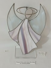 Stained Glass 10" Standing Angel Figure Purple White Iridescent GlassCrystal
