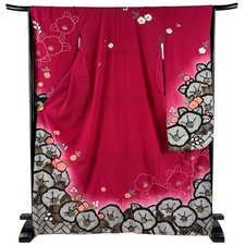 Woman Japanese Kimono Furisode Silk Camellia Plum blossom Gold Foil Deep pink