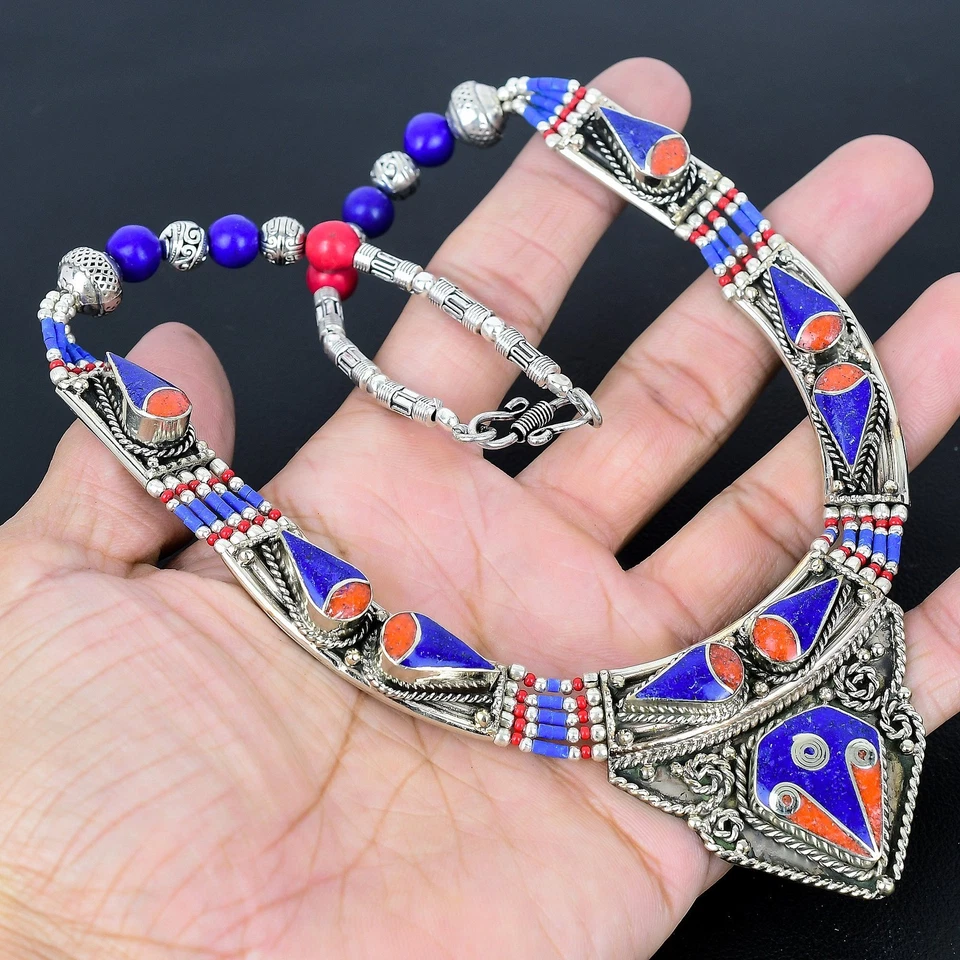 Collana Tibetano Nepalese Argento Sterling 925 Etnico Corallo Rosso... - Immagine 4 di 4