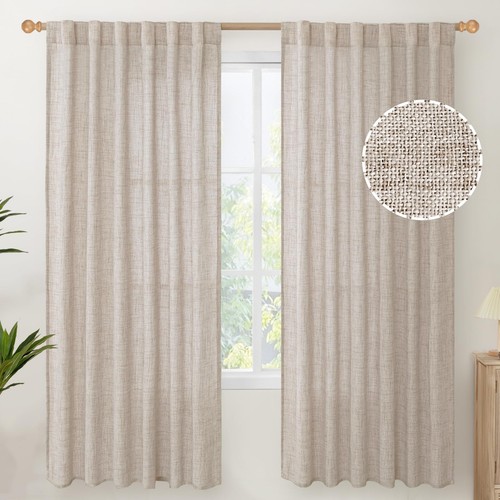 Natural Linen Curtains 72 Inch Length 2 Panels for Living Room - Light Filter...