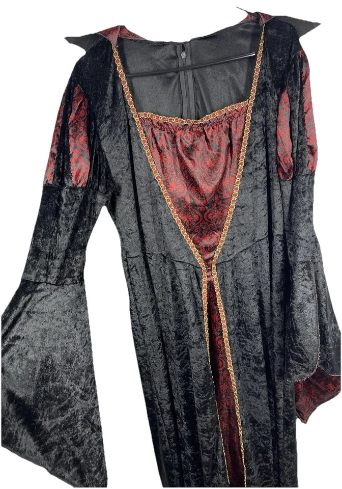 Vestido Negro Terciopelo Rojo Vampiro Gótico Bruja Vestido Adulto Talla XL Disfraz Juegos con disfraces Foto 3 de 4