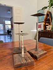 3 Brutalist MCM Display Pedestals / Pillar Candle Holders, Rustic Wood  Metal