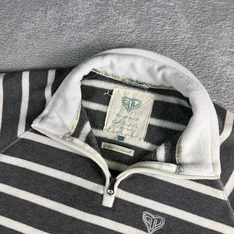 Women's Vintage GUL Striped Half Zip Sweatshirt Grey White XXL image 3