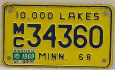 1968 MINNESOTA Motorcycle License Plate MC34360 with 1969 Sticker