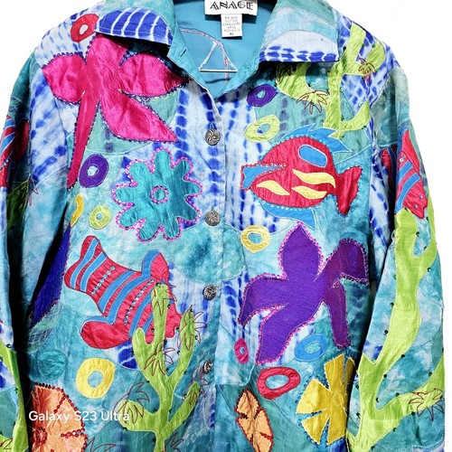 Vintage ANAGE Blue 100% Silk Nautical Embroidered Beaded Shirt Jacket Women’s XL - Picture 3 of 11
