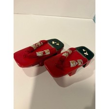 pair of vintage Japanese geta sandals red velvet thongs and painted wooden bases