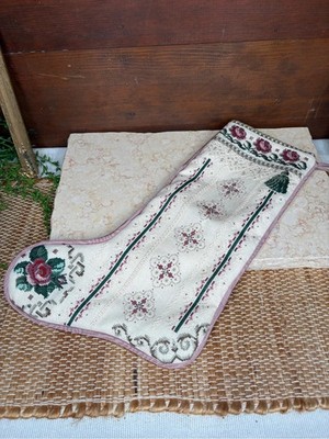Vintage Needlepoint Cross-Stitch Stocking in Cream, Pink and Green Rose Floral