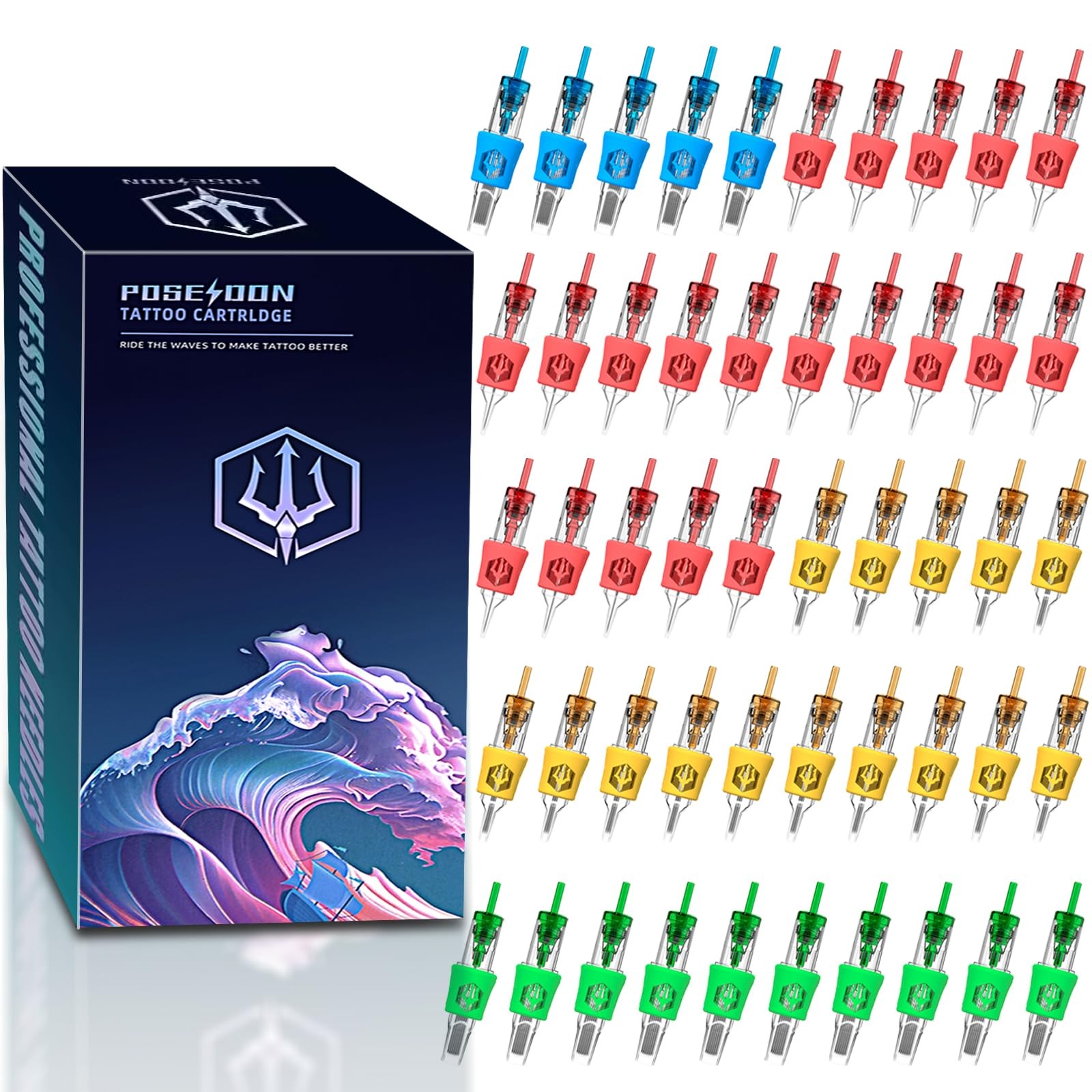 Poseidon 50Pcs Tattoo Cartridge Needles 50PCS-50MIX, Multicolor, Metallic