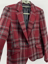 Talbots Blazer Womens 12P Red Plaid Wool Blend Tweed Lined Classic Peplum Back