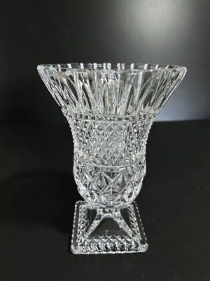 Vintage Diamond Fan Cut to Clear Crystal 8  Pedestal Footed Heavy Sawtooth Vase