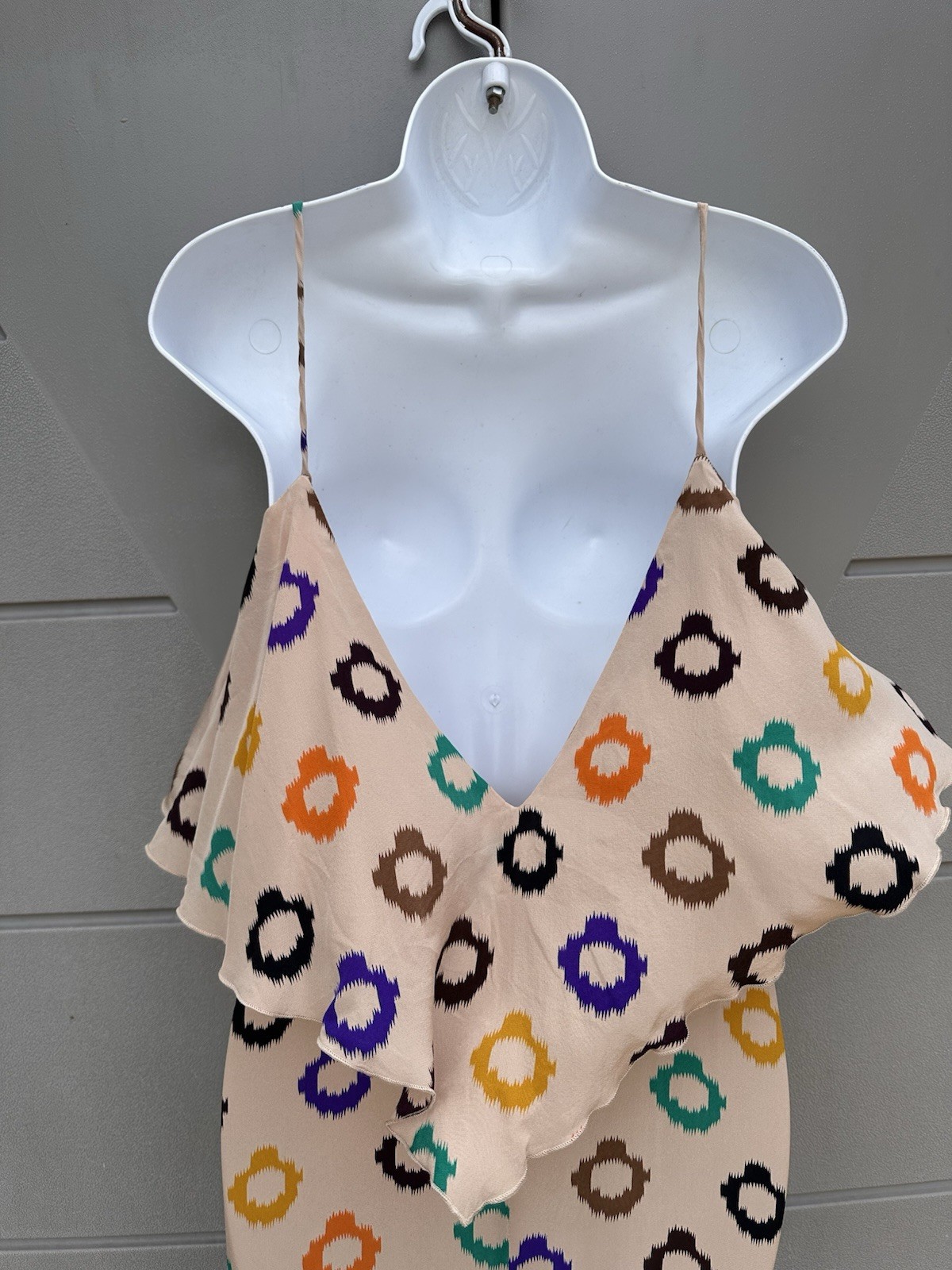 BLU MOON By PLANET BLUE Silk Maxi Slip Dress Ruffle Geo Print Sz S Vacation Y2K