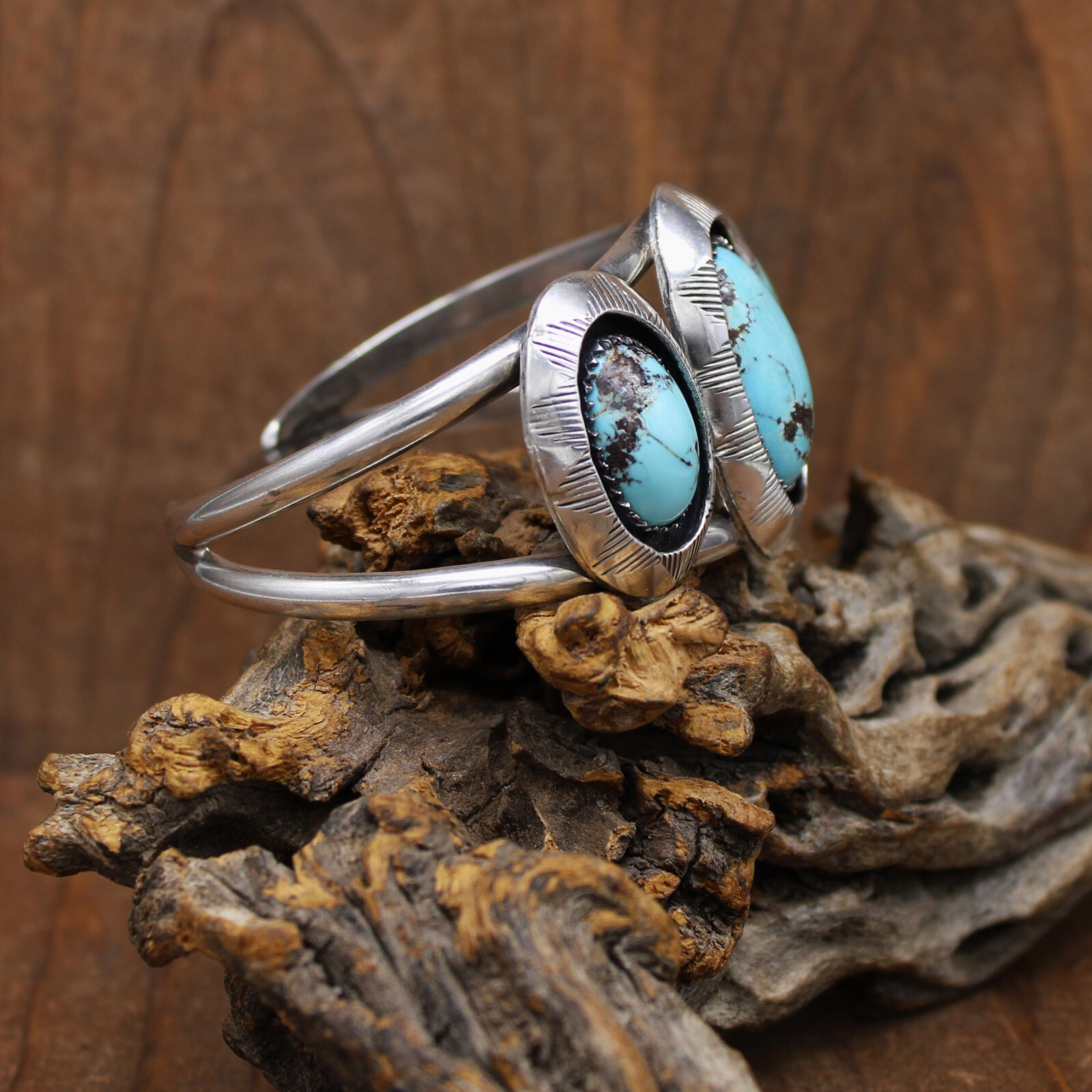 Sterling Silver Three Shadowboxes Turquoise Brace… - image 2