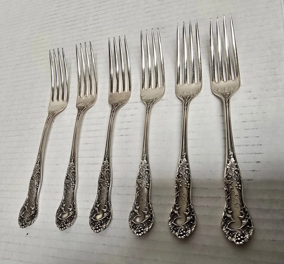 Juego de seis (6) horquillas chapadas en plata Holly Pat. Art Nouveau 1904 con monograma Foto 3 de 4