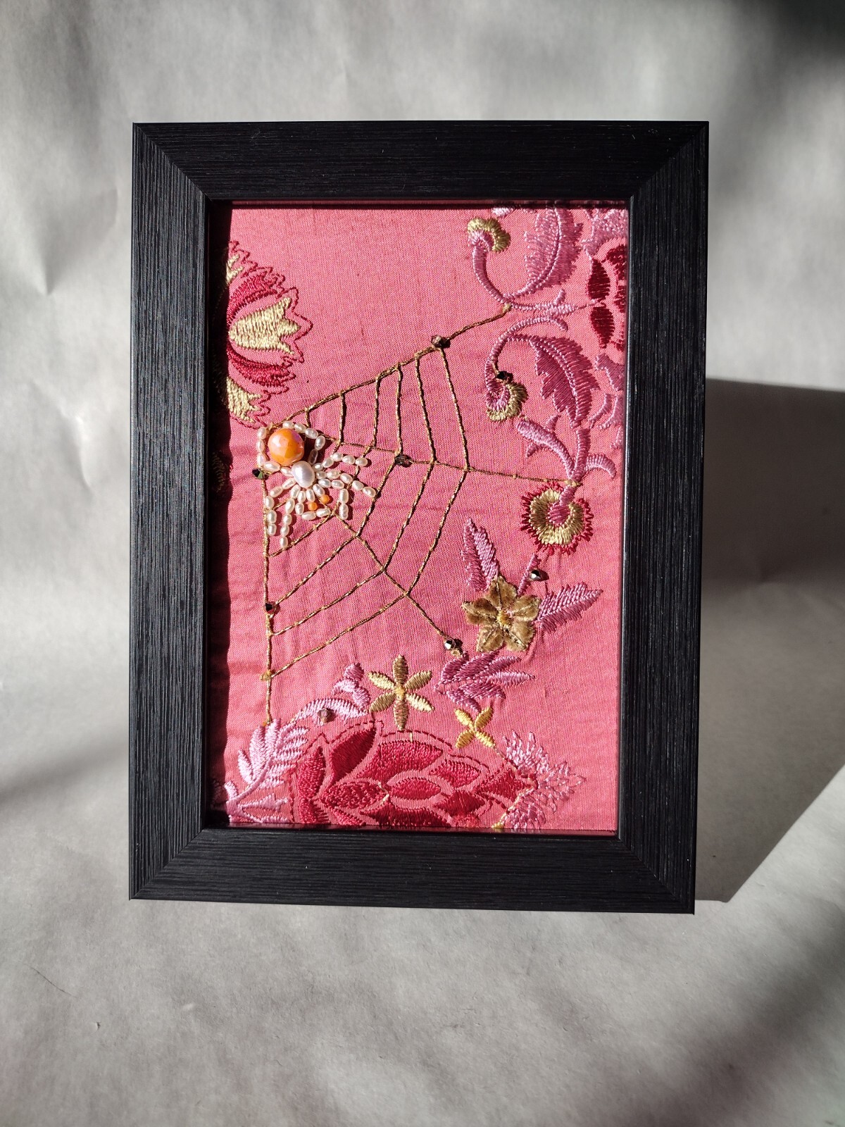 Original Beaded Real Pearl Spider On Golden Web 5" X 7" Framed Art On Silk