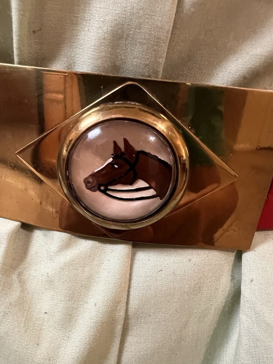VINTAGE ROGER VAN S RED LEATHER BELT ENAMAL HORSE HEADS  display picture 1