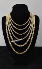 Solid Metal Men's Rope 4-12MM Necklace Chain 14k Yellow Gold Plated Silver