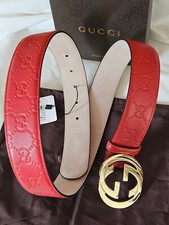 Classic Gucci Red Leather Belt Gold GG Authentic Size 32-34 95cm
