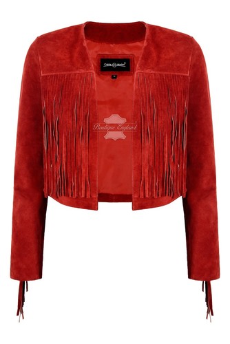 Women’s Fringe Western Short Body Vintage 90s Style Cropped Suede Leather Jacket - Picture 13 of 24