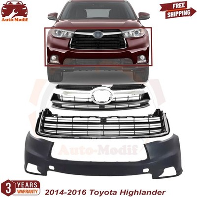 Front Bumper Cover Primed & Grille Assembly Kit For 2014-2016 Toyota Highlander