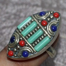Tibetan Turquoise Red Coral Nepali Tribal Gemstone Ring US FreeSize JW